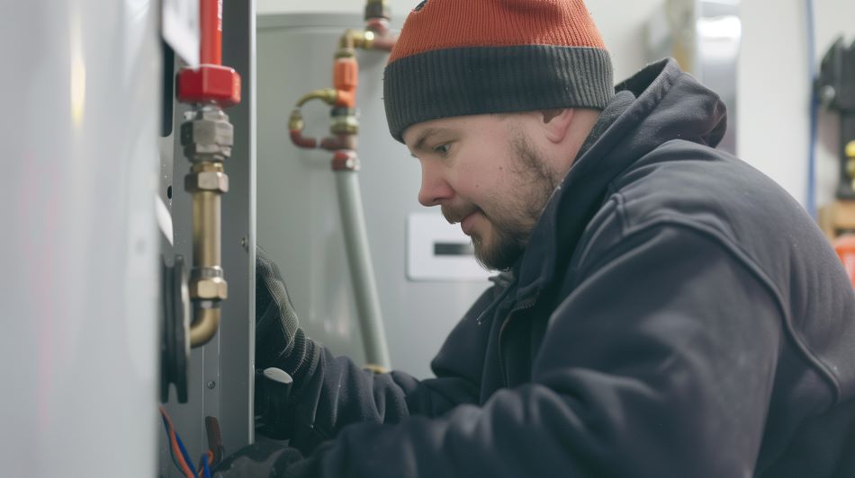 A professional technician installs a new water heating furnace in a residential home